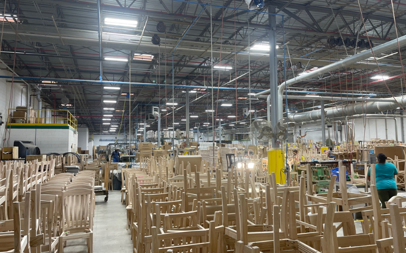 This is a view of part of Bassett Furniture's 105,000-square-foot BenchMade plant in Martinsville Va. One of the recent improvements was the addition of brighter lighting in the facility.